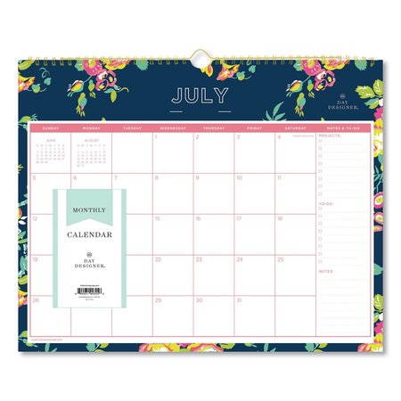 BLUE SKY Day Designer Academic Year Wall Calendar, 15x12, Navy/Floral, 2019-2020 107934